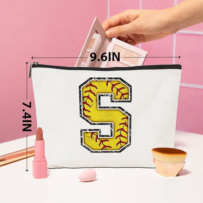 CQM Softball Gifts Initial Makeup Bag Monogrammed Cosmetic Bag Letter S Zipper Pouch Softball Accessories for Girls Women Player Coaches Friend Graduation Birthday Gifts