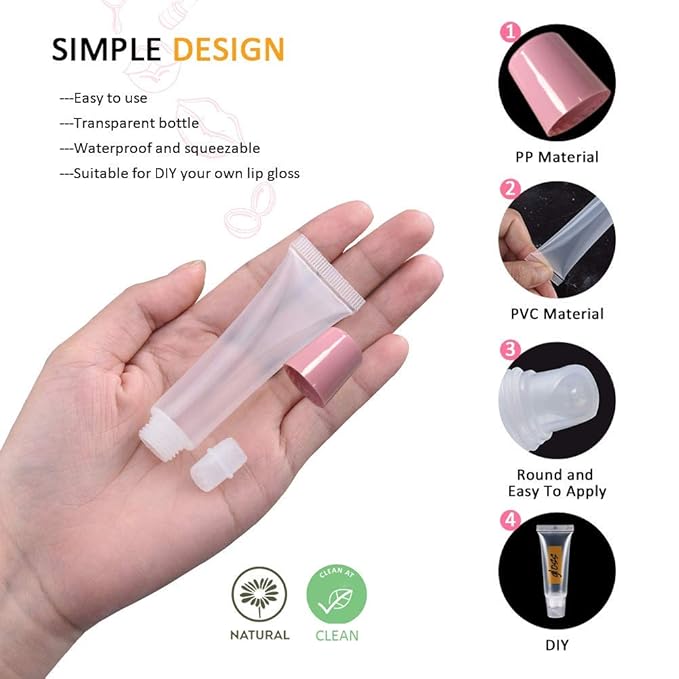 AMORIX 50PCS Lip Gloss Tubes Empty 10ml Pink Cap Lip Gloss Containers Lip Balm Tubes Cute Squeeze Tubes Lipgloss Making Supplies + 2 x 20ml Syringes Tag Labels for Lip Gloss Base