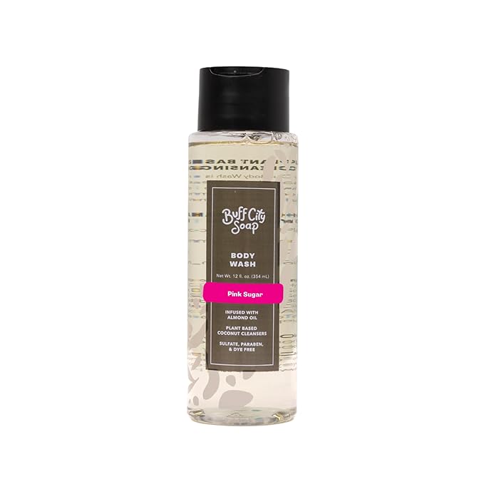Buff City Soap Plant-Based Body Wash - Coconut Cleansers & Almond Oil Infused, Gentle & Rich Non-Drying Lather, Helps Reduce Moisture Loss & Supports Natural Skin Barrier - Pink Sugar, 12 floz