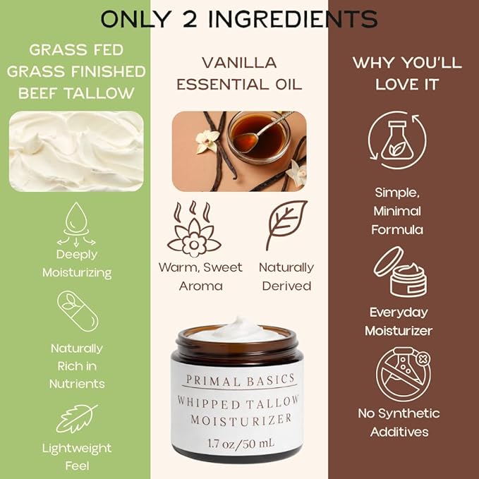 Primal Basics 100% Grass Fed Grass Finished Whipped Beef Tallow Moisturizer/Body Balm for Face, Body, Oily, Dry, Sensitive Skin -Contains Vitamins A, D, E, K -USA Made (1.7 oz, Vanilla)