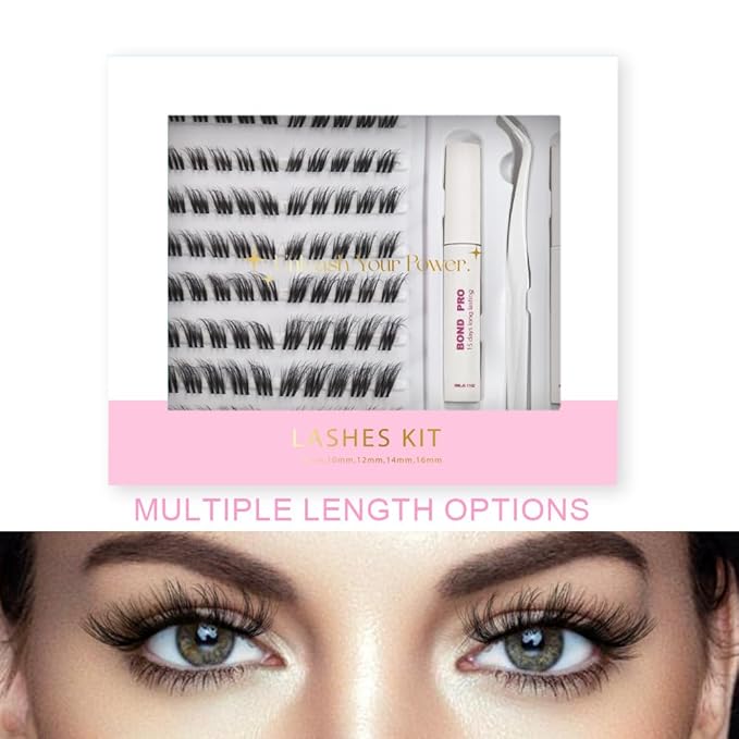Lash Extension Kit DIY Lash Clusters 10-16mm 80pcs Individual Lashes Clusters Soft Thin Band Natural Volume Eyelash Extension with Lash Bond and Remover, Lash Tweezers for Self Use 40#