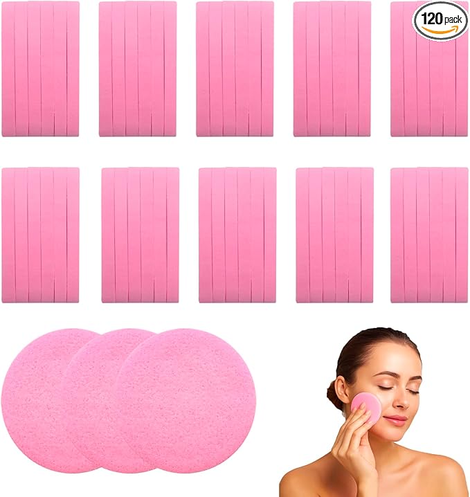 Akariyo 120 PCS-Compressed Facial Sponges,100% Natural Cellulose Face Sponge, Professional Cosmetic Spa Sponges for Daily Facial Cleansing,Exfoliating,Makeup Removal,Travel Skincare Essentials (Pink)