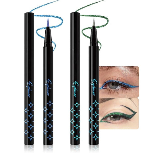 2PCS Metallic Glitter Coloured Liquid Eyeliner Pens Set03 – Waterproof Mark Emerald or Blue Long-Lasting Sparkly Eye Lin Makeup – Tattoo-Effect Ink Liners for Women & Men,Delineador Líquido con Brillo