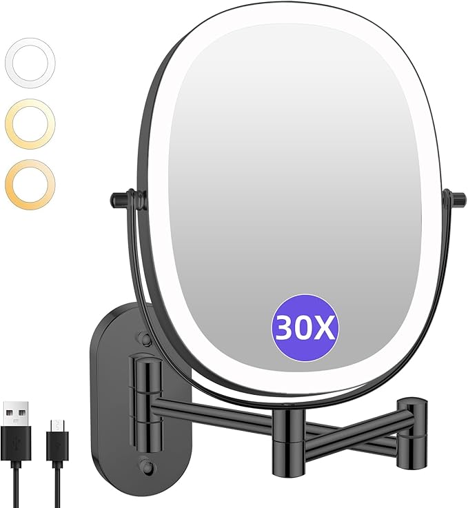 FUNTOUCH 30X/1X Wall Mounted Lighted Makeup Mirror, 5000mAh Rechargeable Oval Double Sided Touch Switch Magnifying Mirror with Light, 3 Color Setting, Extended Arm 360°Swivel Foldable,Black