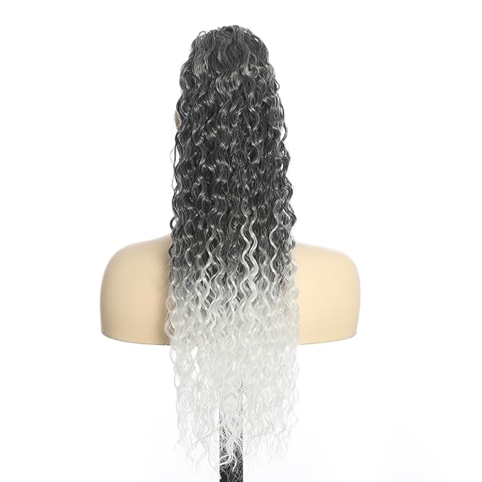 Deep Wave Ponytail Extension for Women 12 Inch Black to White Curly Wavy Ponytail Hair Extensions Drawstring with Clips Short Synthetic Hairpiece for Daily and Party