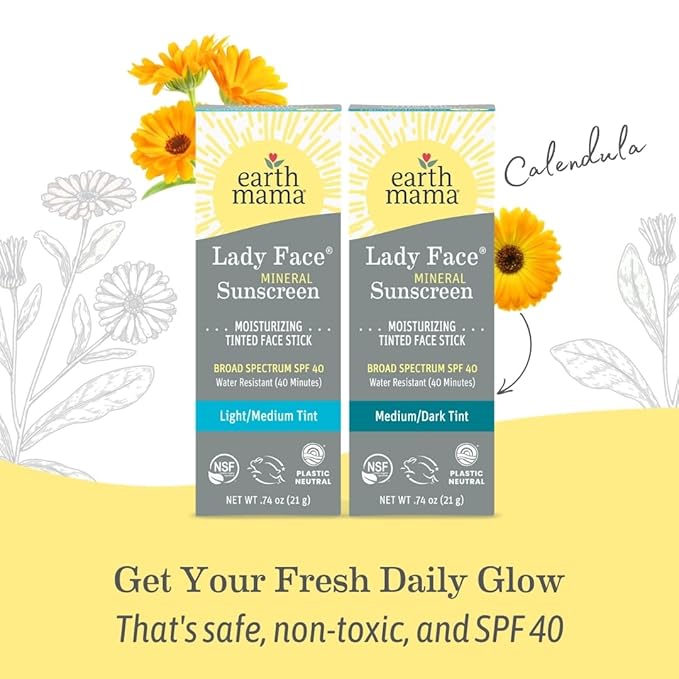 Earth Mama Lady Face® Tinted Mineral Sunscreen Stick, SPF 40 Medium/Dark Tint | Contains Organic Shea & Cocoa Butter | Foundation + Concealer + Contour, Blends with Most Skin Tones
