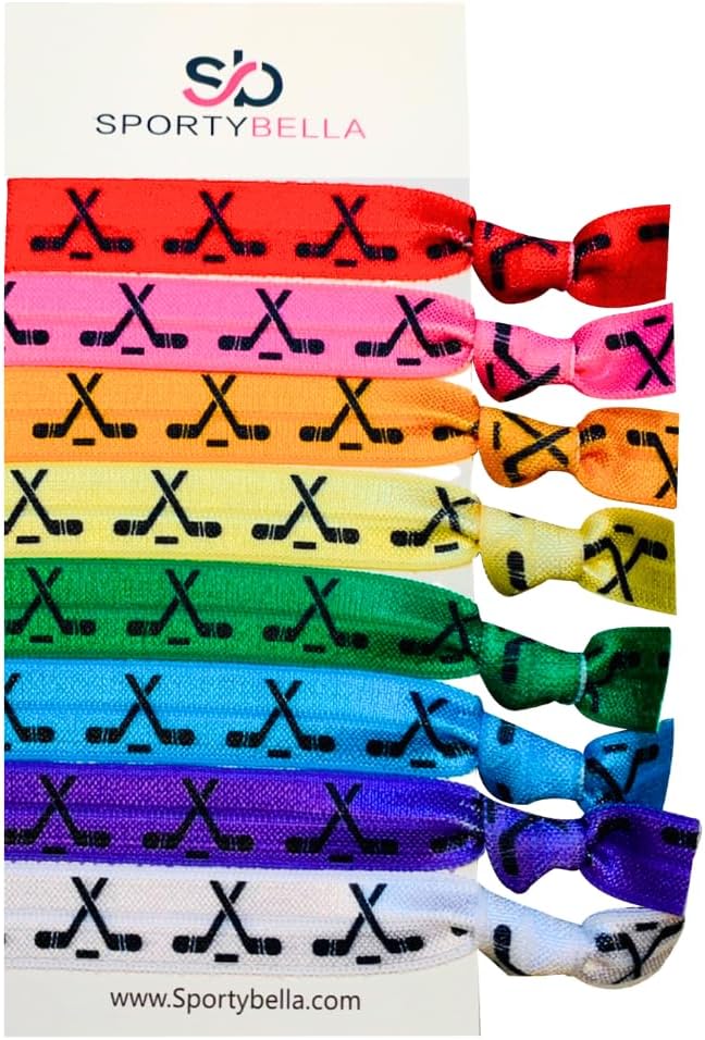 Sportybella Multicolored Hair Ties and Accessories - Elastic No-Crease Set for Girls, Ice Hockey Players & Teams. Ice Hockey Gifts, 8pcs.