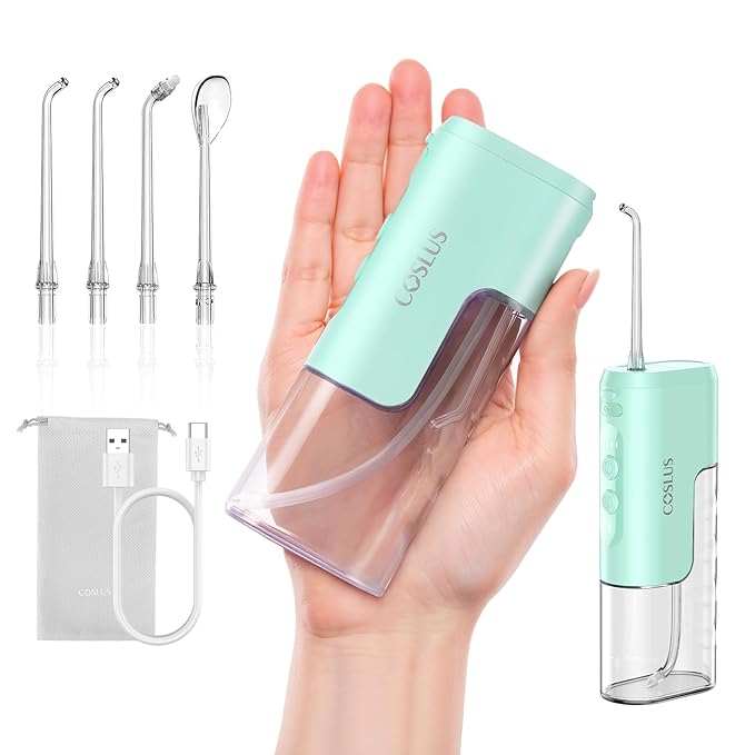 COSLUS Mini Water Flosser for Travel: Portable Lightweight Design Cordless Oral Irrigator with Removable Tank & 4 Modes, IPX7 Waterproof for Braces, Sensitive Teeth Travelers & Family Use, Green, T40