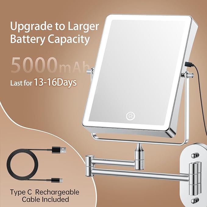 FASCINATE 5000mAh Rechargeable Wall Mounted Makeup Mirror, 8.7" Double Sided Touch Switch 1X/30X Rectangle Wall Mounted Magnifying Mirror with Light, 3 Color Setting, Extended Arm 360° Swivel Foldable