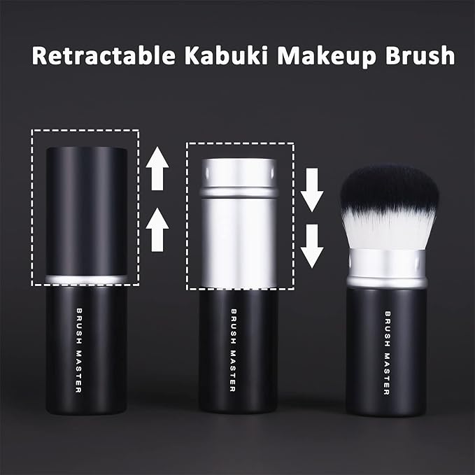 Brush Master 2pcs Retractable Foundation Makeup Brush, Kabuki Brush For Powder, Blush, Bronzer, Concealer, Portable Brush Cover, Perfect for Travel(Black)