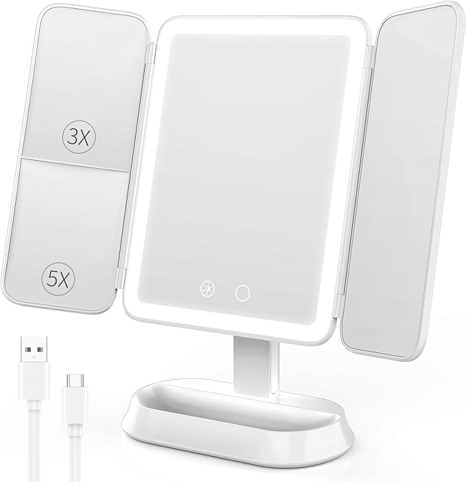 Vanity Mirror with Lights - Rechargeable Lighted Makeup Mirror | 1X/3X/5X Magnification, Smart Touch, 3 Colors Dimmable | Portable Trifold Mirror for Travel - Valentines Day Gifts for Her