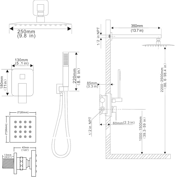 annazom Matte Black Shower Faucet Set with Body Jets 10 Inch Matte Black Shower Head Handheld Shower Combo Set High Pressure Wall Mount with Rough-in Valve