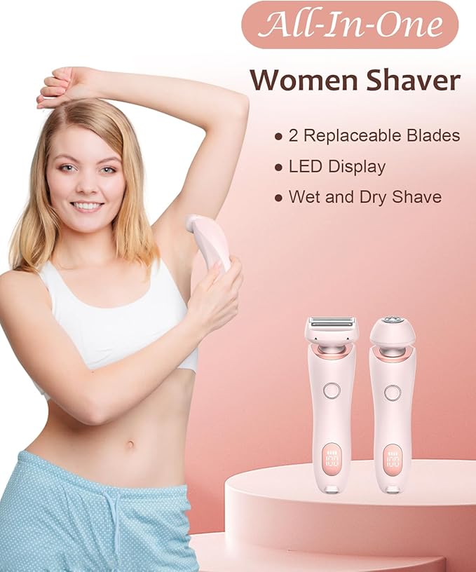 Electric Shaver for Women - Painless Lady Razor Facial Hair Remover 2-in-1 Wet and Dry Cordless Portable Bikini Trimmer for Face Armpit Legs Body - Rechargeable IPX7 Waterproof Hair Removal (Pink)