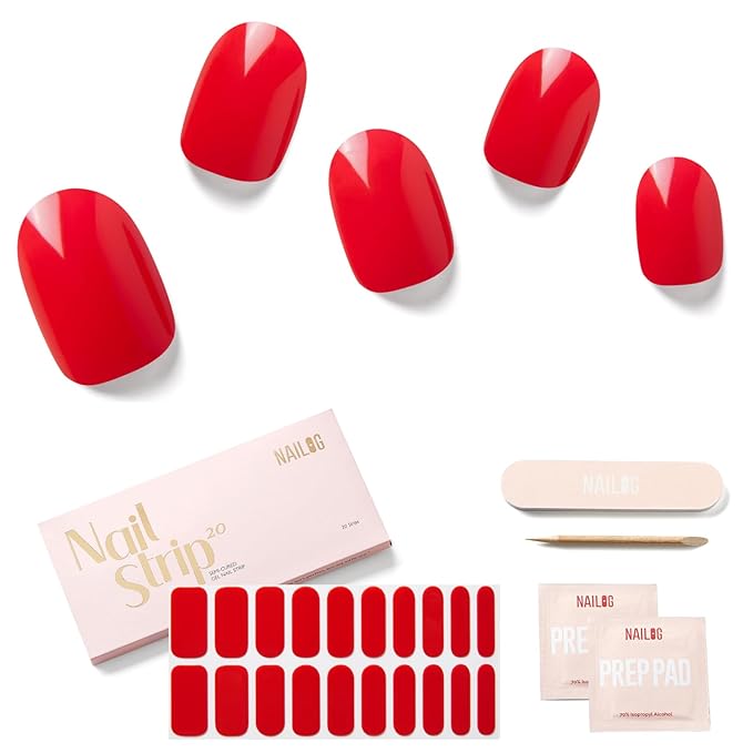 Semi Cured Gel Nail Strips - NAILOG 20 Pcs Red Nail Stickers Extra Long Wraps with Glossy Gel Finishing for Autumn Winter, Carmen