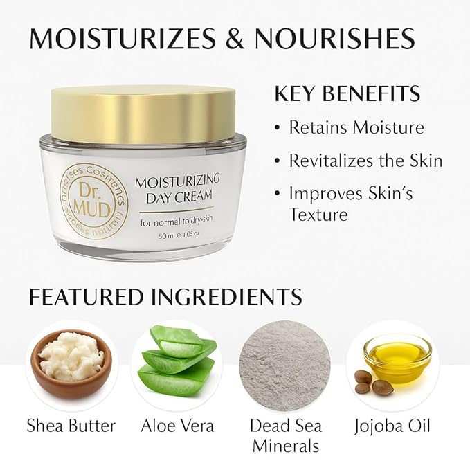 Dr. Mud Moisturizing Day Cream – Daily Face Cream with Dead Sea Minerals, Hyaluronic Acid, Collagen & Natural Plant Extracts – Paraben Free Anti-Aging Facial Moisturizer for Normal to Dry Skin, 50ml