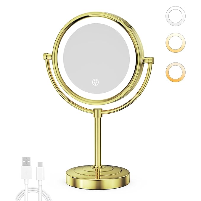 GURUN 8.5 Inch LED Lighted Tabletop Makeup Mirror with 10x Magnification Dimmable 3 Colors Touch Control 4500mAh Double Sided Gold Finish 2208D-T(10x, Gold)