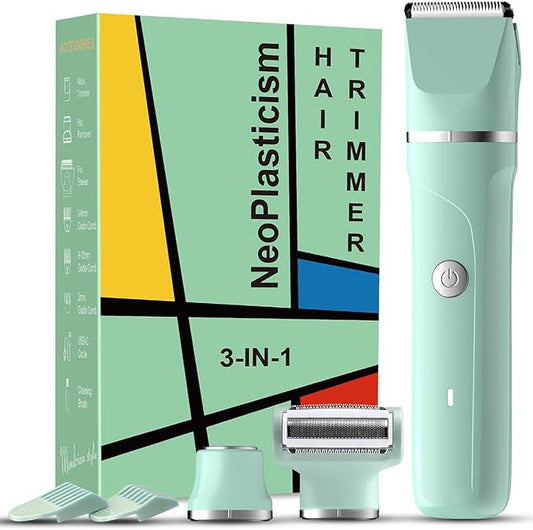 Bikini Trimmer for Women - 3 in 1 IPX7 Waterproof Electric Razors for Women,Body Pubic Hair Electric Shaver for Womens & Facial Hair Remover,Rechargeable Wet/Dry for Body,Underarm,Leg(Mint Green)