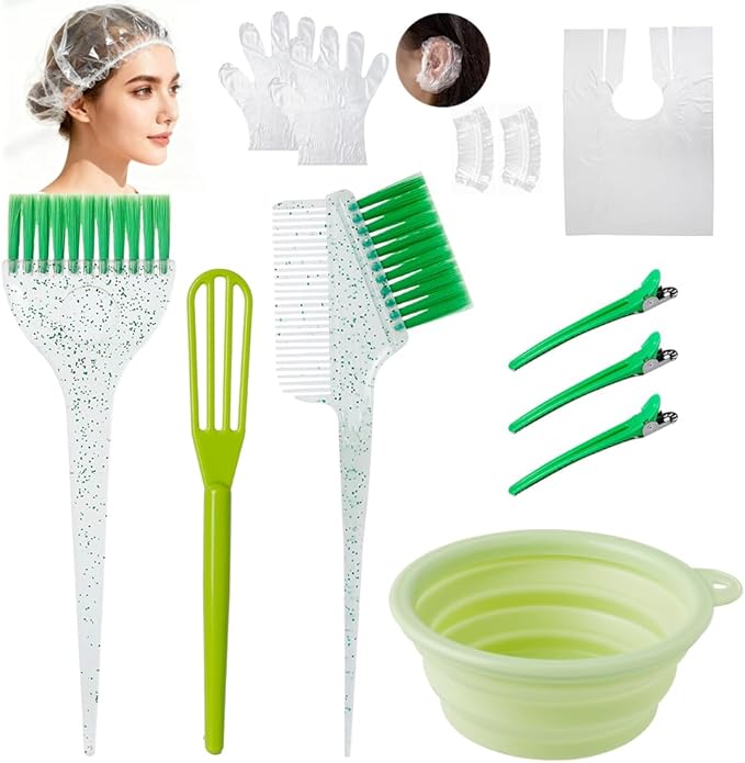 MOONMINI Hair Dye Color Brush and Bowl Set, Color Bowl Brushes Tool Mixing Bowl Kit Tint Comb for Hair Tint Dying Coloring Applicator (Green&Clear)
