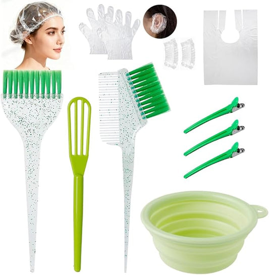 MOONMINI Hair Dye Color Brush and Bowl Set, Color Bowl Brushes Tool Mixing Bowl Kit Tint Comb for Hair Tint Dying Coloring Applicator (Green&Clear)