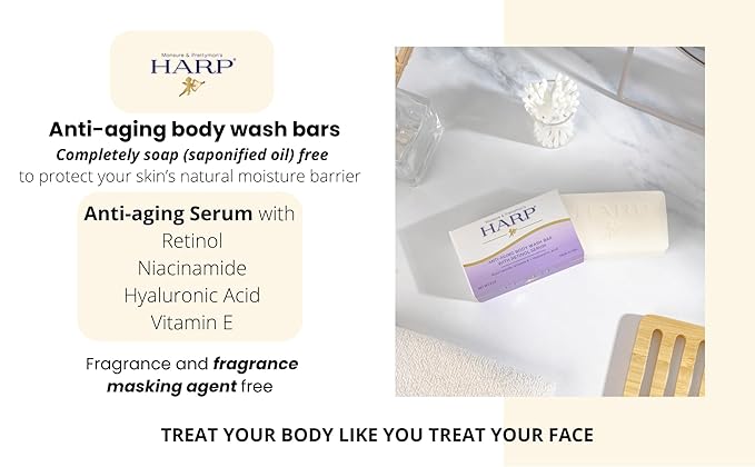 HARP® Anti-Aging Body Wash Bar with Retinol – pH Balanced Syndet Cleanser, FRAGRANCE FREE, Soap-Free & No Lye, Non-Comedogenic, With Niacinamide, Hyaluronic Acid & Vitamin E, 5 oz