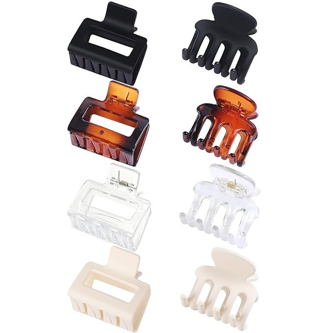 Medium Hair Clips Combination 2 Styles Small Claw Clips for Thin Hair 8 Pcs Matte Non-slip Rectangle Jaw Clips Square Hair Accessories for Women and Girls (Transparent)
