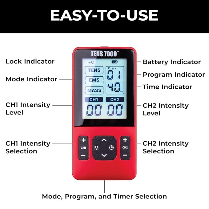 TENS 7000 Sport Athletic Recovery Muscle Stimulator, Back Pain Relief, Sciatica, Neck, Shoulder, Muscle Pain, TENS Unit + EMS + Massage with 42 Built-in Programs, 4 Electrode Pads