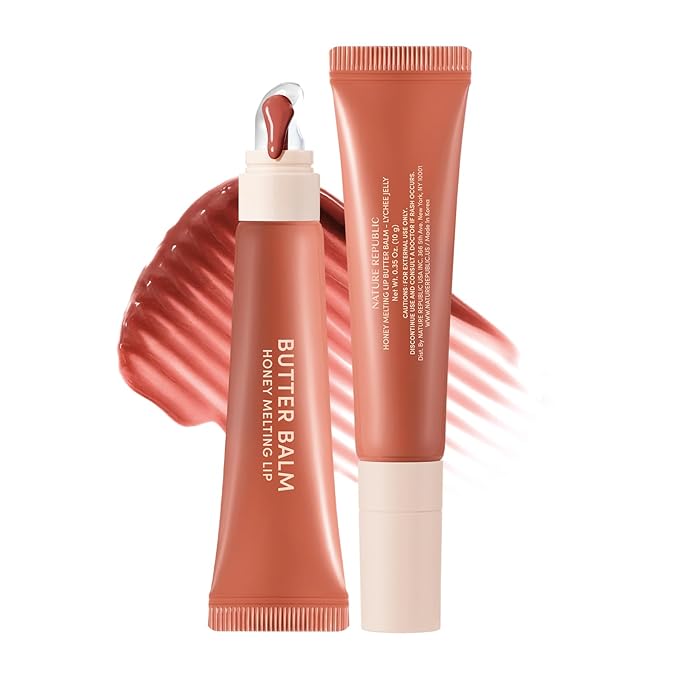 Nature Republic Honey Melting Lip Butter Balm – Moisturizing Tinted Balm with Peptides, for Sheer & Glossy, Smooth & Soft Lips (LYCHEE JELLY)