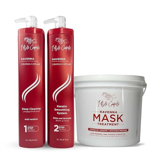 Ravenna Cirugia Capillar Kit - Shampoo + Hair Surgery System (1 Kg/35.2 fl oz) Formaldehyde-Free + Hair Mask for Damaged Hair (1,5 Kg/52.9 fl oz) - Straightening & Moisture for All Hair Types (3 Pack)