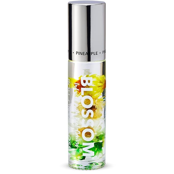 Blossom Roll on Lip Gloss, Scented Clear High Shine Moisturizing Lip Oil, Non Sticky, Infused with Real Flowers, Made in USA, 0.2oz, Pineapple