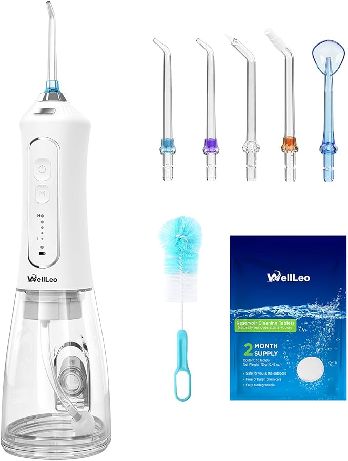 WellLeo Water Flosser for Teeth, 300ML Cordless Oral Irrigator Rechargeable Dental Flosser Picks with 5 Modes 5 Jet Tips,IPX7 Waterproof Teeth Cleaner for Braces Gum Care, Home Travel Use