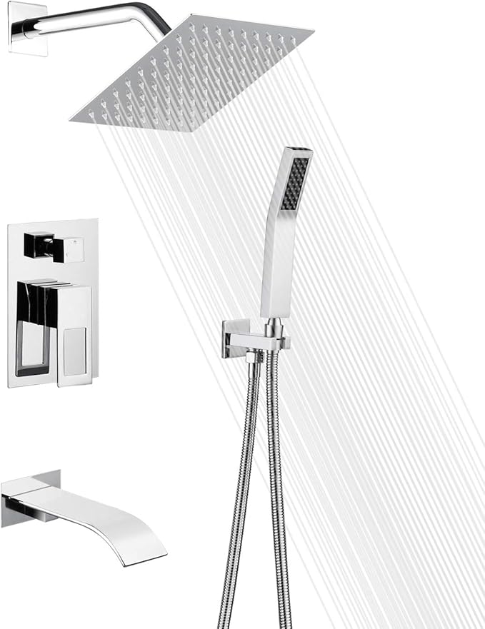 Shower System, Shower Faucet Set Complete with Waterfall Tub Spout, 8" Rain Shower Head and HandHeld, Chrome Finish