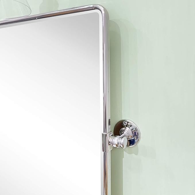 Farmhouse Chrome Metal Framed Pivot Rectangle Bathroom Mirror Rounded Rectangluar Tilting Beveled Vanity Mirrors for Wall, Overall 22.91 x 24 inches (Mirrror 19 x 24 inches)