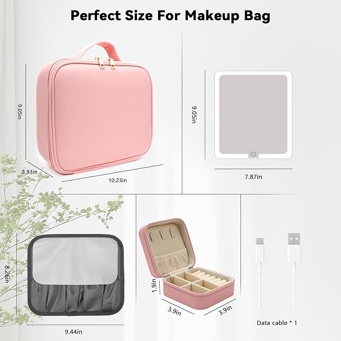 SLUMAZI Travel Makeup Bag with LED Mirror with 3 Lighted Settings, Adjustable Dividers, Makeup Brush Storage Bag and Jewelry Case Pink