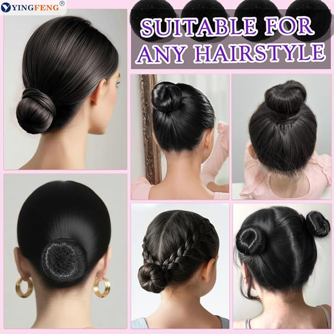 YINGFENG 134 Pcs Black Hair Bun Maker Kit for Kids Small - 4 Hair Donuts for Buns, 20 Hair Nets for Buns, 100 U Shaped Bobby Pins, 10 Hair Bands, for Girls, Ballet Dance, Hair Accessories for Women