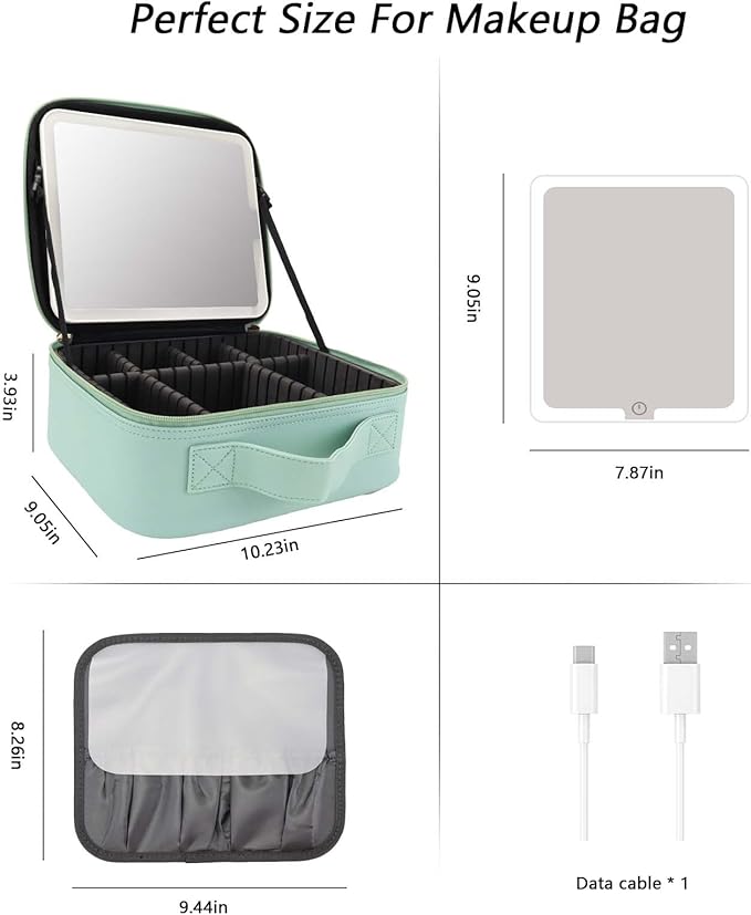 SLUMAZI Travel Makeup Bag with LED Mirror Travel Makeup Organizer with 3 Lighted Settings, Adjustable Dividers and Makeup Brush Storage Bag Light Green