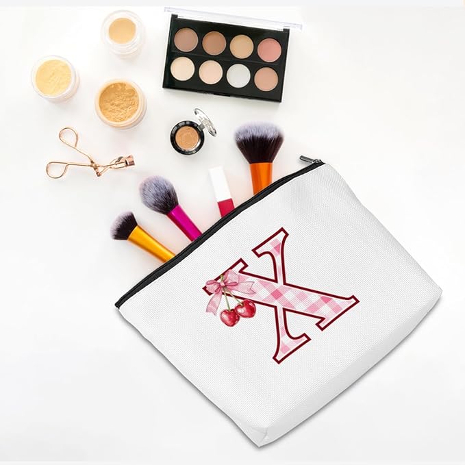 CQM Initial Makeup Bag Monogram Cosmetic Bag Monogrammed Gifts for Women Girls Friends Coworker Teacher Personalized Travel Toiletry Bag Christmas Bridal Shower Wedding Bridesmaid Gifts, Cherry X