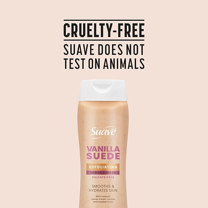 Suave Vanilla Suede Exfoliating Body Wash & Scrub with Glycerin & Vitamin E, Sulfate-Free Hydrating Cleanser for Soft, Smooth Skin, 6 Count, 18 FL OZ EA