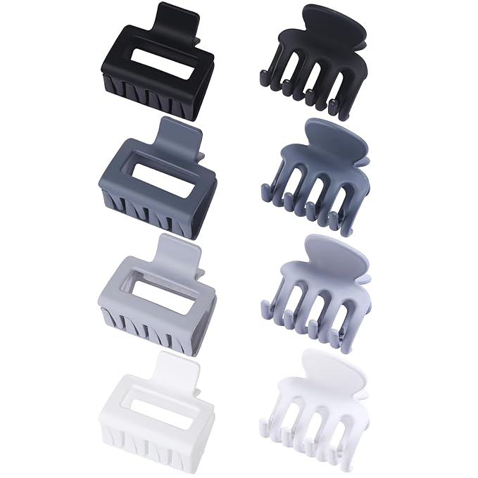 Medium Hair Clips Combination 2 Styles Small Claw Clips for Thin Hair 8 Pcs Matte Non-slip Rectangle Jaw Clips Square Hair Accessories for Women and Girls (Grey)