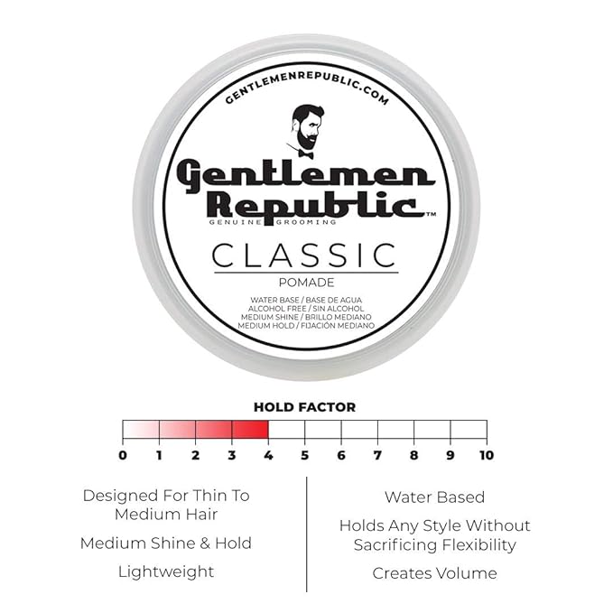 Gentlemen Republic Classic Pomade for Men - Water Based Pomade for Medium Hold & Shine, Premium Mens Hair Styling Products with No Beeswax - Ideal for Classic Styles, 4oz