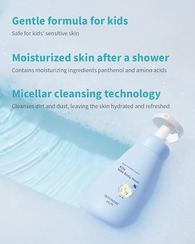 GOONGBE Kids Trial Travel Kit - Korean Low pH Skincare Set with Silky Shampoo, Body Wash, Facial Cleanser & Body Lotion - Silicone-Free Formula for Sensitive Skin, 1.01 fl.oz. each