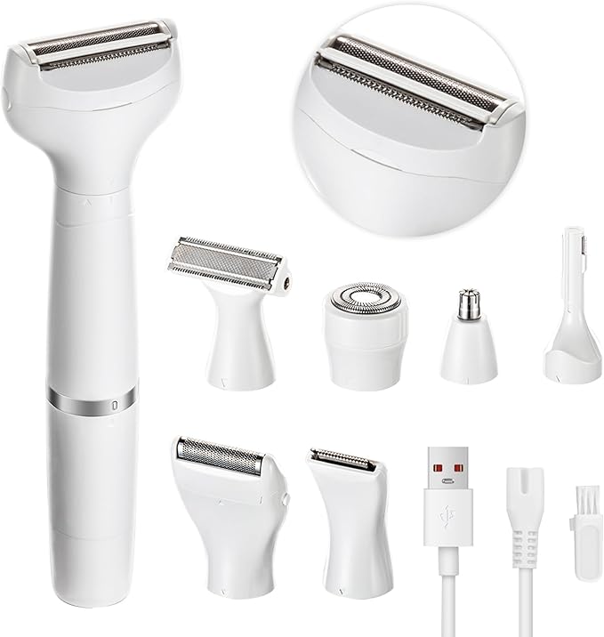 7 in 1 Facial Hair Removal and Bikini Hair Trimmer for Women Painless Electric Face Shaver Nose Eyebrow pubic Trimmer Replaceable Razors Waterproof Electric Shaver Women's Grooming Kit