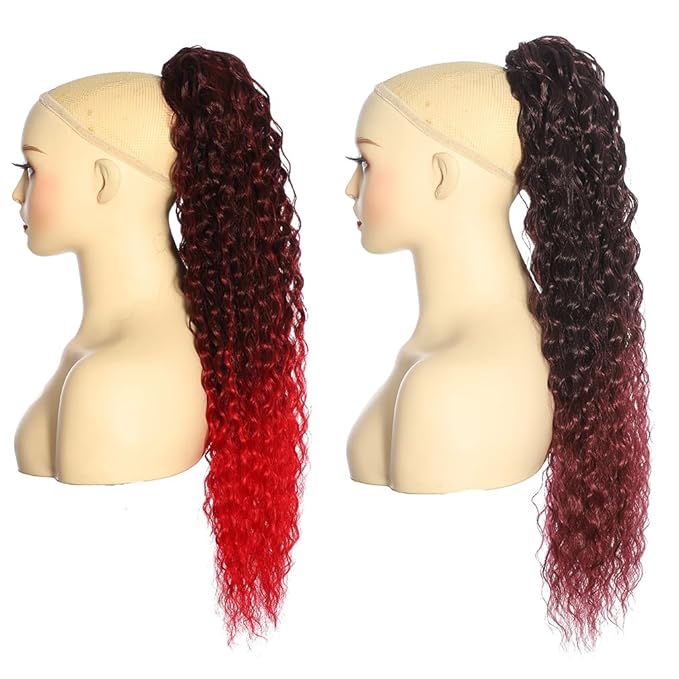 2 Pcs Deep Wave Ponytail Extension for Women 24 Inch Curly Wavy Ponytail Hair Extensions Drawstring Ponytail with Clips Long Synthetic Hairpiece for Daily and Party (11B/Bug&1B/Red)