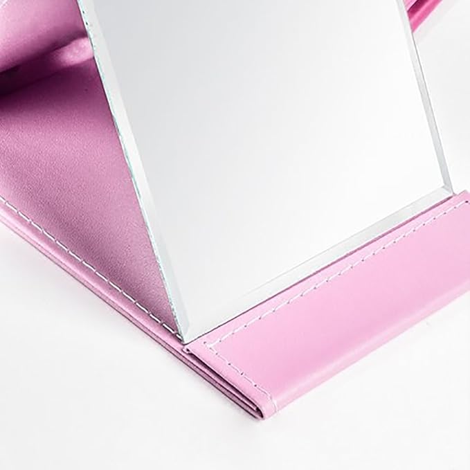 Protable PU Leather Mirror Folding Desktop Makeup Mirror with Adjustable Stand for Personal Use,Travelling (S, Pink)