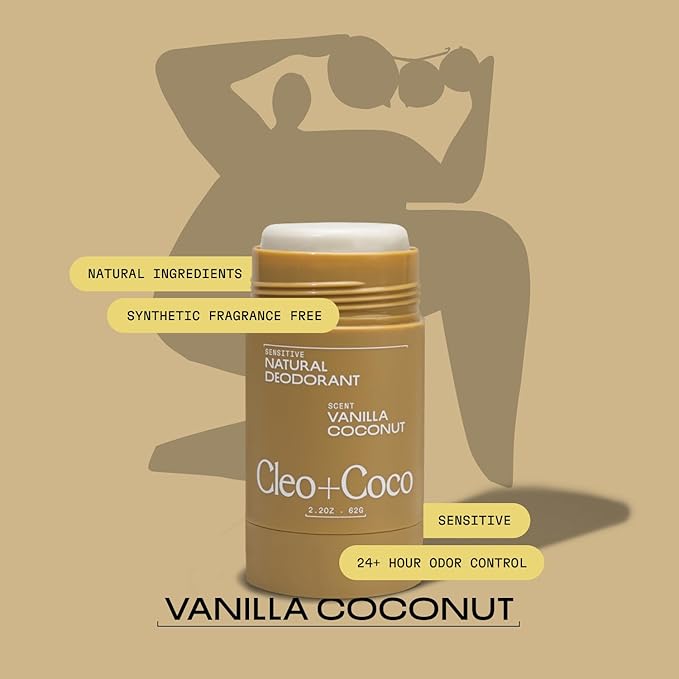 Cleo+Coco Sensitive Deodorant Balm, Vanilla Coconut (2-Pack, 2.2 oz Each), Aluminum-Free, Baking Soda Free Natural Deodorant with 5X Odor Fighters, Vegan, No Synthetic Fragrance