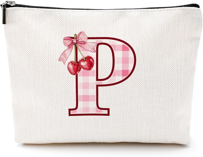 CQM Initial Makeup Bag Monogram Cosmetic Bag Monogrammed Gifts for Women Girls Friends Coworker Mom Personalized Travel Toiletry Bag Christmas Bridal Shower Wedding Bridesmaid Gifts, Cherry P