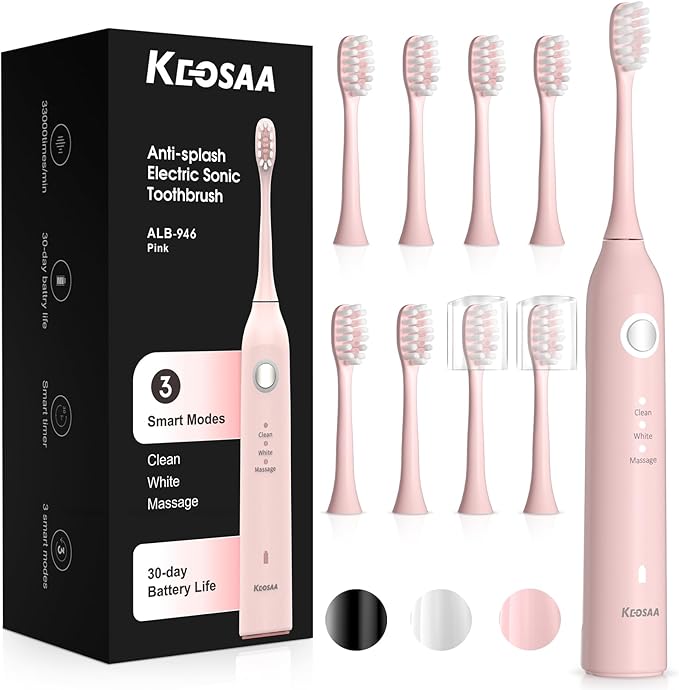 Sonic Vibrating Toothbrush with Pressure Sensor, Pink Electric Toothbrush with 8 Brush Heads, 3 Modes, 33000VPM, 2-Min Timer, One Charge Lasts for 30 Days, 3D Rounded Soft Bristles, IPX7 Waterproof