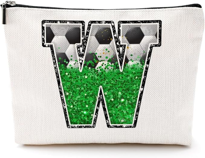 CQM Soccer Gifts Initial Makeup Bag Monogrammed Cosmetic Bag Letter W Zipper Pouch Soccer Accessories for Girls Women Player Coaches Friend Stuff Graduation Birthday Gifts