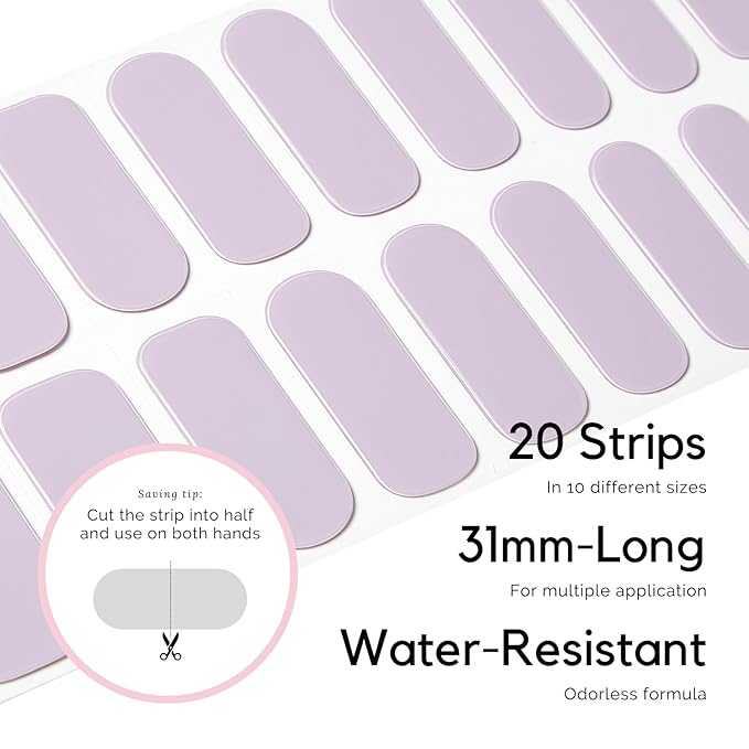 Semi Cured Gel Nail Strips - NAILOG 20 Pcs Light Purple Gel Nail Stickers Extra Long Nail Wraps with Glossy Gel Finishing for Spring Summer, Lilac