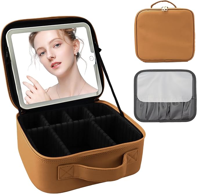 SUILU Makeup Bag with Led Mirror,Portability Cosmetic Case Portable Cosmetic Brush Organizer Bag with Adjustable Dividers,Gift for Women,Girls Gift (Light Brown)
