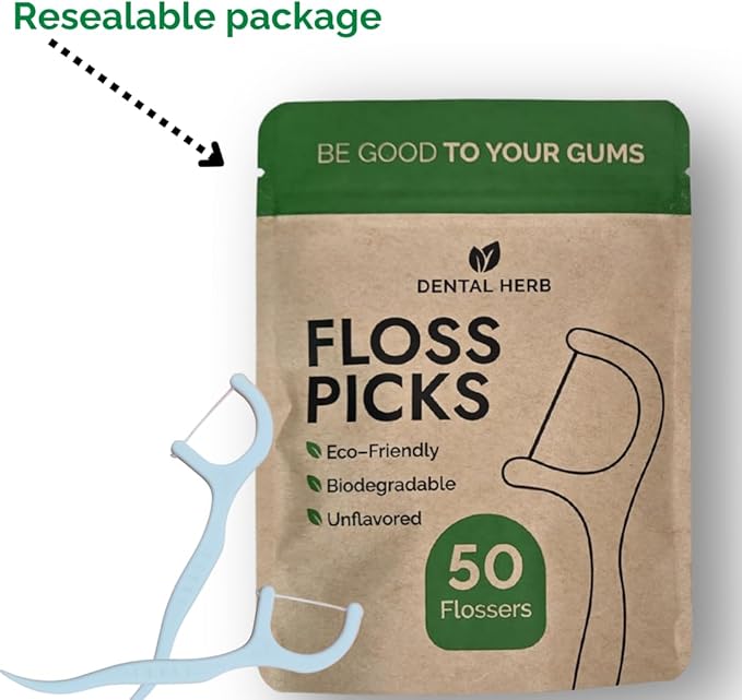 Dental Herb Company Biodegradable Dental Floss Picks, 200 Count (4×50) - Unflavored, Plant-Based, Plastic-Free & BPA-Free Tooth Flossers, Vegan & Eco-Friendly Oral Care